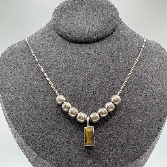 Vintage Mexican Sterling Silver Necklace Tiger's Eye Pendant Bead Chain 15